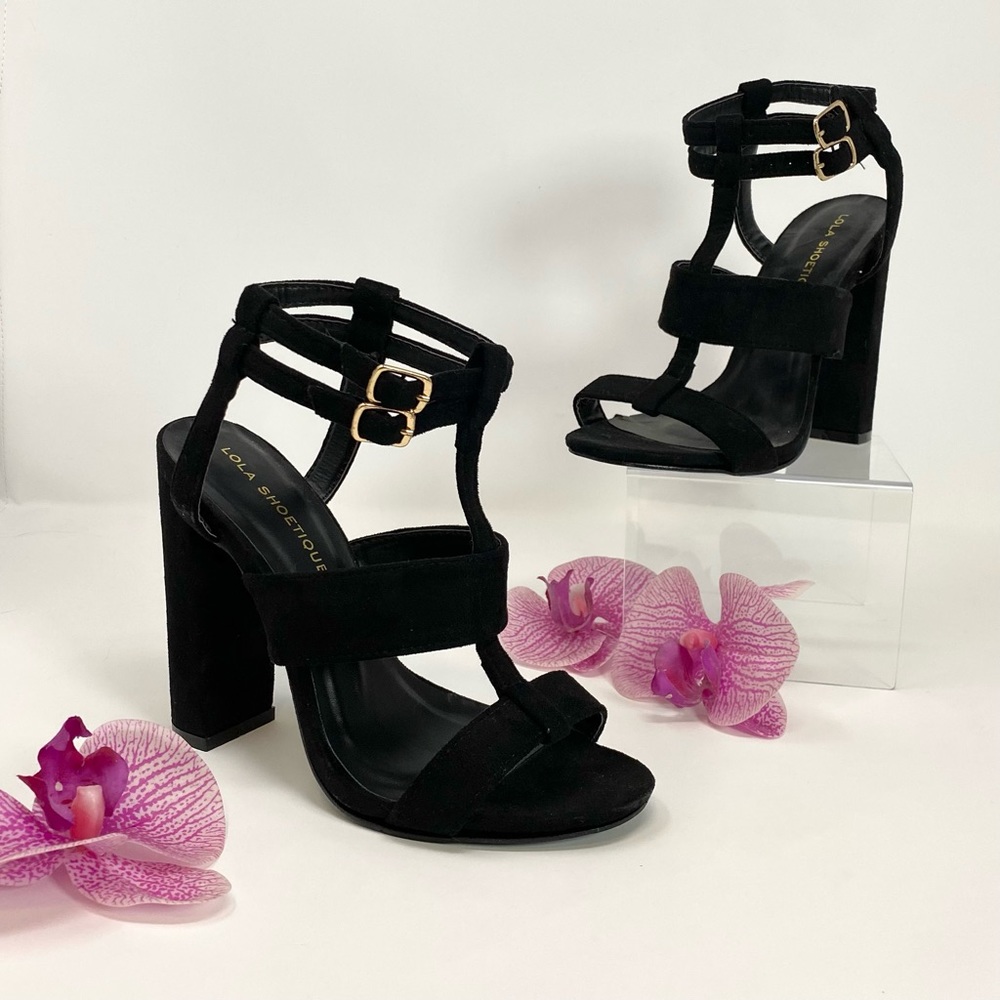 Miss Lola Size 7 4” Heels Black Double Buckle Gokd Accent Thick Heel Open Toe